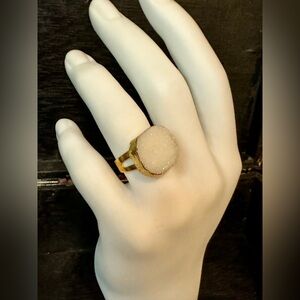 White Textured Geode Gold Tone Adjustable Ring